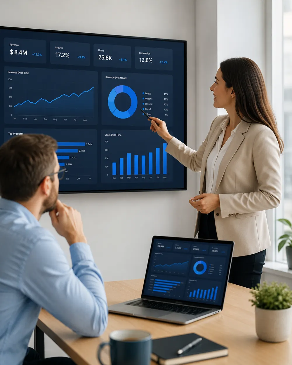 Profissional apresentando um dashboard de vendas, crescimento e conversão para um colega em uma reunião