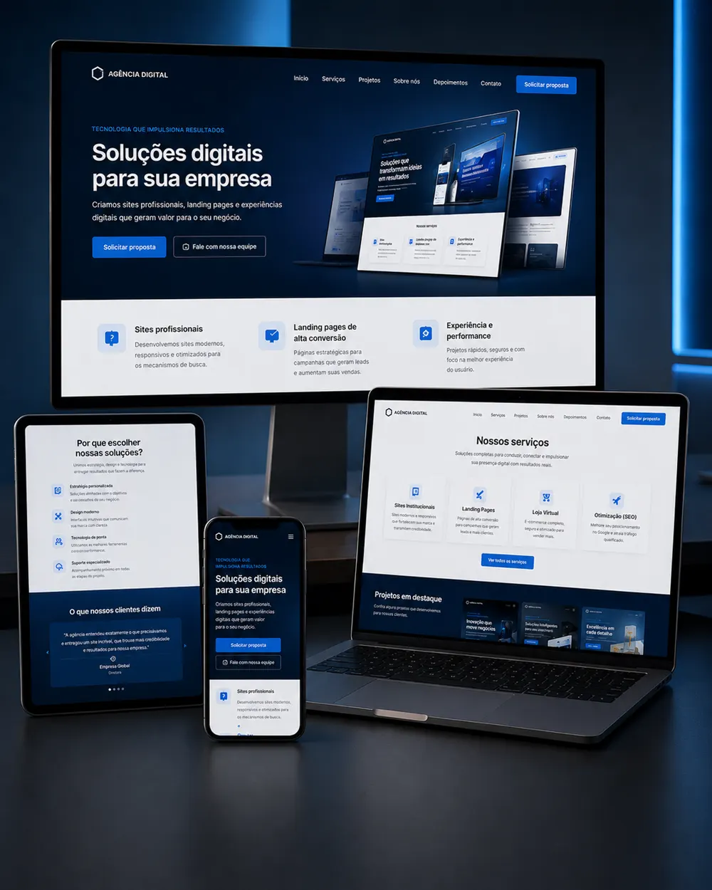 Site profissional responsivo exibido em monitor, notebook, tablet e celular